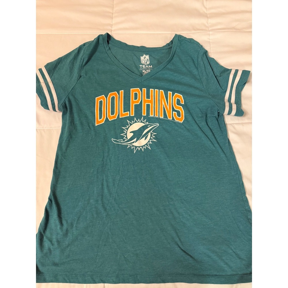 NFL Team Apparel Miami Dolphins Womens XL V-Neck T-Shirt Aqua Varsity Stripe